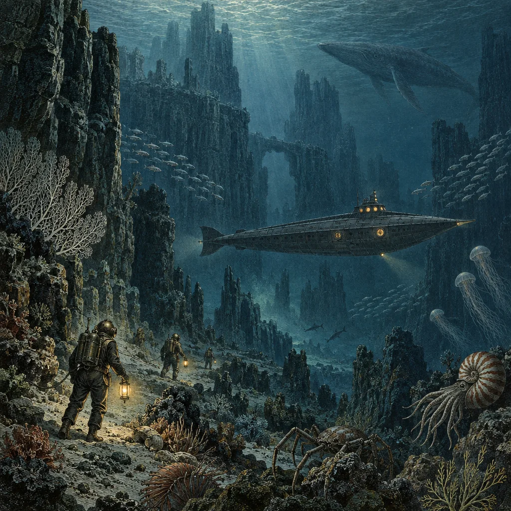 Divers with lanterns exploring an underwater canyon beneath the Nautilus submarine
